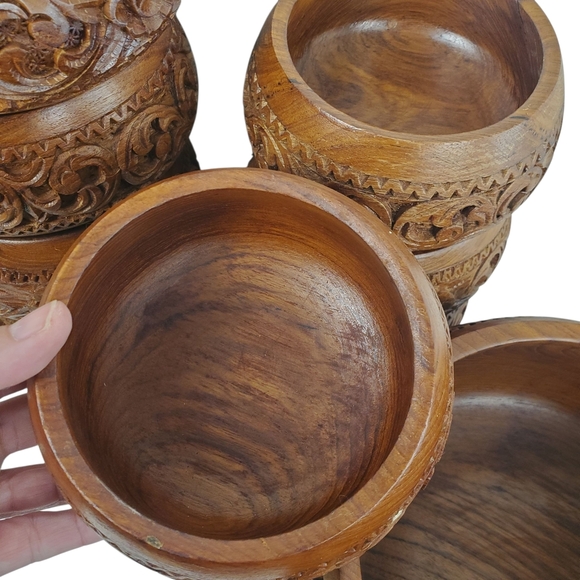 Vntg Hand Carved Wooden Salad Bowl Set. 9 Pc set. Mid-Century Modern - Picture 4 of 12
